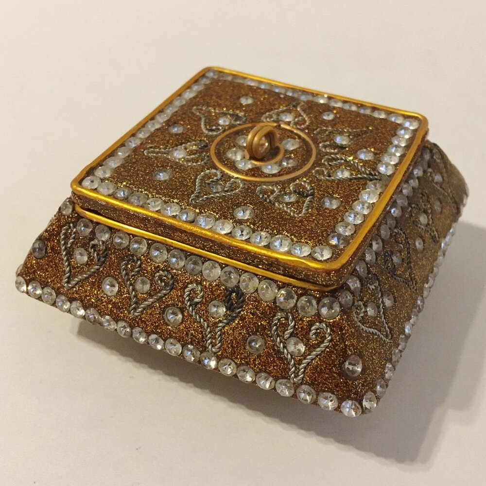 Gold Sparkle Trinket Jewelry Box Holder Clear Rhinestone Rope Inlay Square Resin